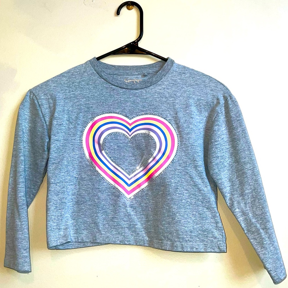 Jessica Simpson Grey Rainbow Heart Long Sleeve Crop Top Shirt Girls Size Small 7